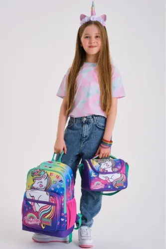 Kids Lavender Aqua Unicorn Patterned 3-Piece School Bag Set SET0123729-Lavender White - CORAL HIGH (1)