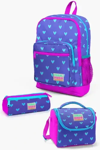 Kids Lavender Pink Heart Patterned 3-Piece School Bag Set SET0123706-Heart Patterned - 1