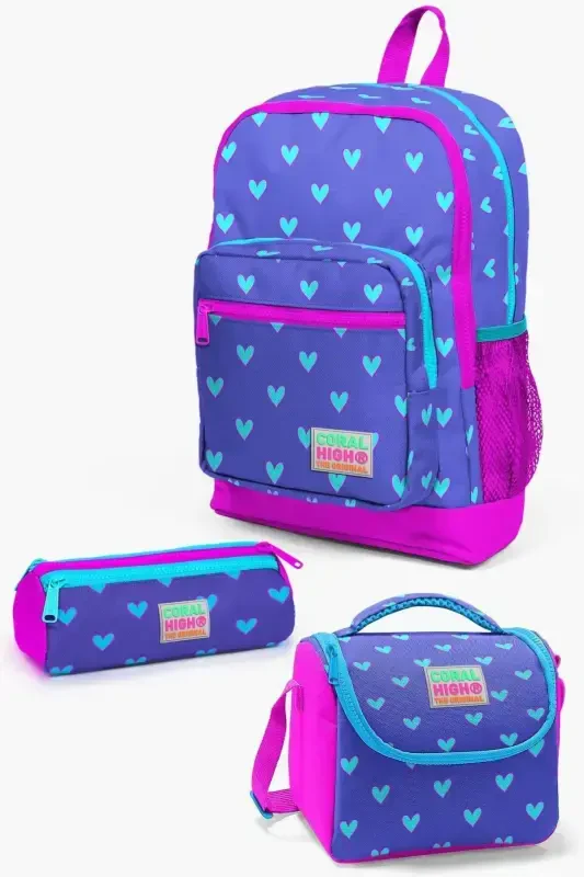 Kids Lavender Pink Heart Patterned 3-Piece School Bag Set SET0123706-Heart Patterned - 1