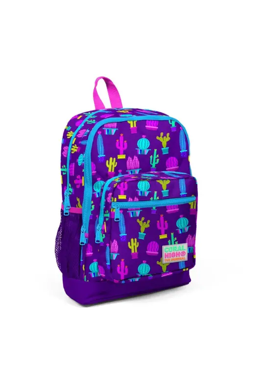 Kids Lilac Pink Cactus Patterned 3-Piece School Bag Set SET0123108-Lilac and Dark Pink - 1