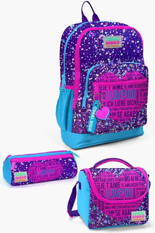 Kids Mor Mavi Pembe Kalp Desenli 3’lü Okul Çanta Seti SET0123740-Pembe Mor Mavi - 1