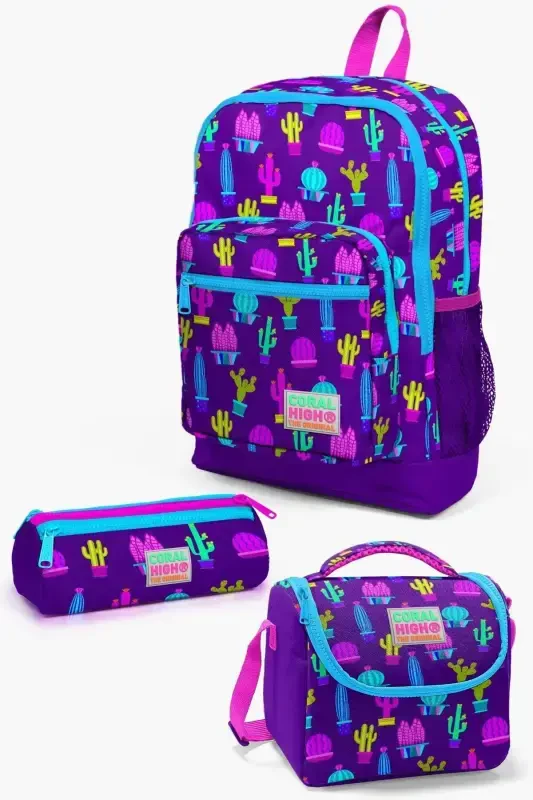 Kids Mor Pembe Kaktüs Desenli 3’lü Okul Çanta Seti SET0123108-Mor ve Koyu Pembe - 1