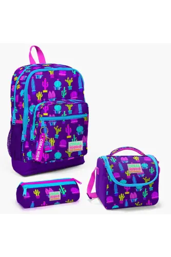 Kids Mor Pembe Kaktüs Desenli 3’lü Okul Çanta Seti SET0123108 - Mor ve Koyu Pembe 