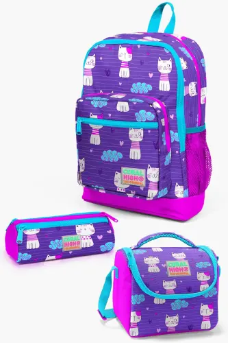 Kids Mor Pembe Kedi Desenli 3’lü Okul Çanta Seti SET0123464-Mor 