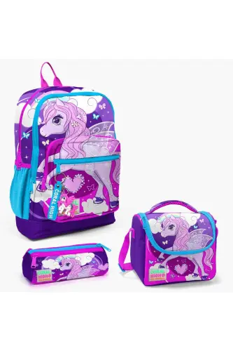 Kids Mor Pushti Birlashgan Shoxli Ot Naqshli 3’li Maktab Sumkasi To’plami SET0123708-Mor Pushti 