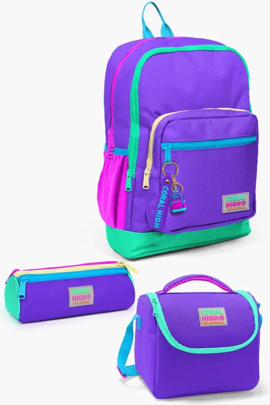 Kids Mor Renk Detaylı 3’lü Okul Çanta Seti SET0123734-Mor Renk Dataylı - CORAL HIGH
