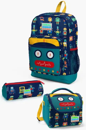 Kids Moviy Indigo Robot naqshli 3-maktab sumkasi to'plami SET0123472-Moviy Indigo 