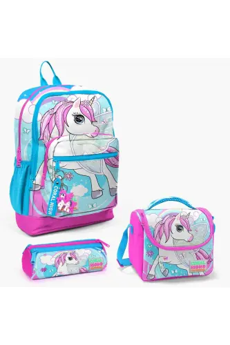 Kids Moviy Neon Pushti Unicorn naqshli 3'li maktab sumkasi to'plami SET0123711-Moviy Neon Pushti 
