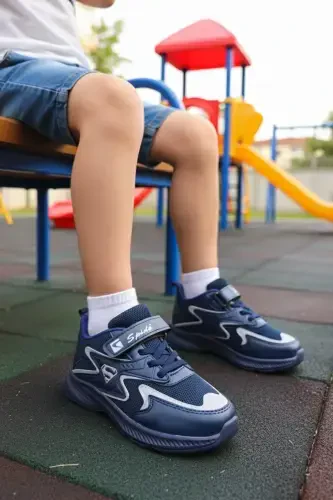 Kids Navy Blue Lace-up Single Velcro Flexible Lightweight Breathable Unisex Mesh Sneaker-Navy Blue - BOUIS (1)