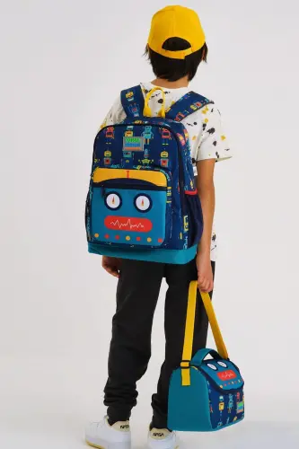 Kids Navy Indigo Robot Patterned 3-Piece School Bag Set SET0123472-Navy Indigo 