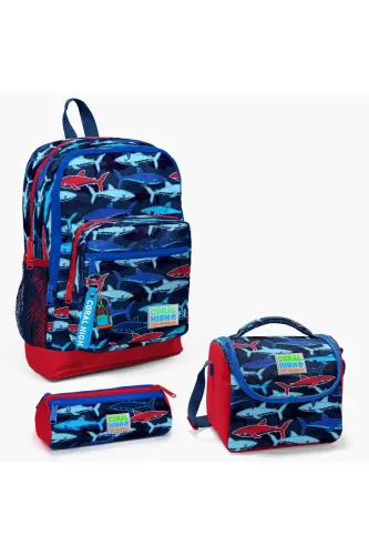 Kids Navy Red Shark Patterned 3-Piece School Bag Set SET0123718-Navy Red 