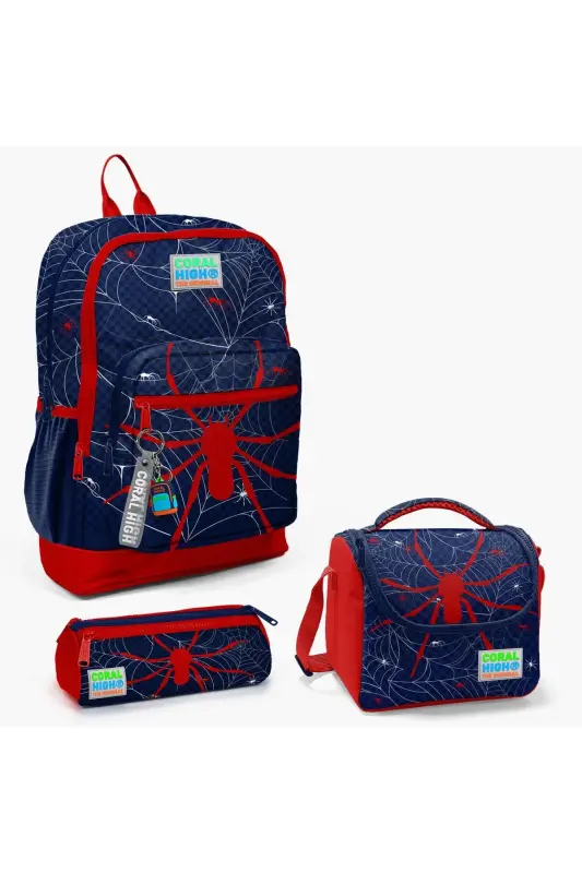 Kids Navy Red Spider Patterned 3-Piece School Bag Set SET0123720-Red Navy - CORAL HIGH