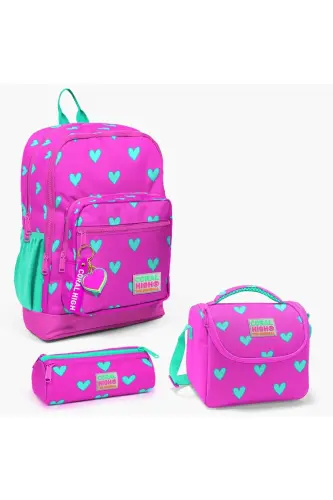 Kids Neon Pink Teal Heart Patterned 3-Piece School Bag Set SET0123113-Neon Pink 