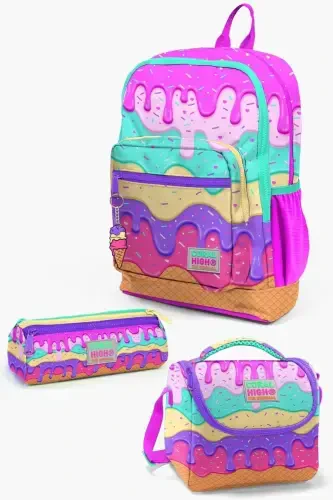 Kids Pink Colorful Ice Cream Patterned 3-Piece School Bag Set SET0123731 - 1