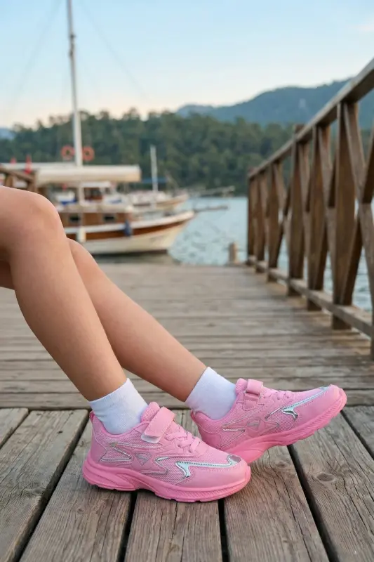 Kids Pink Laced Single Velcro Flexible Lightweight Breathable Unisex Mesh Sneaker - Pink - 4