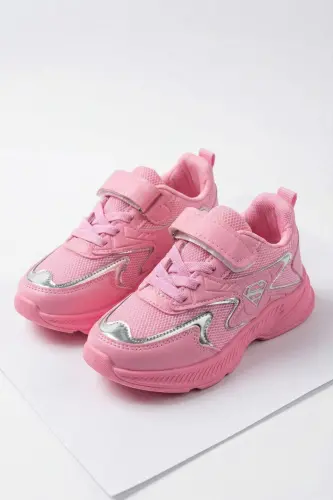 Kids Pink Laced Single Velcro Flexible Lightweight Breathable Unisex Mesh Sneaker - Pink - 6