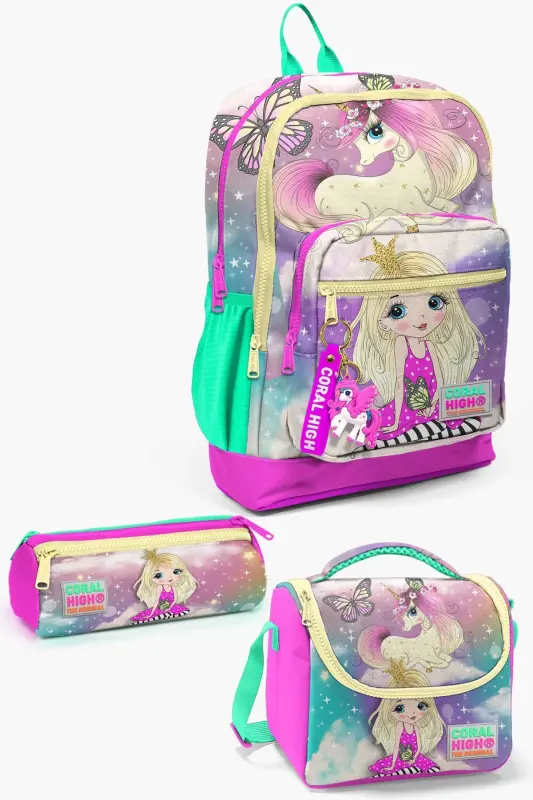 Kids Pushti Suv Yashil Unicornli Qiz Desenli 3’lü Maktab Sumkasi Seti SET0123733-Suv Yashil Sariq - 1