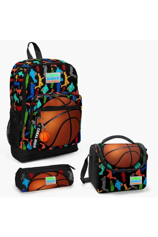 Kids Qora Basketbol Naqshli 3’lü Maktab Sumkasi To‘plami SET0123471-Qora to‘q sariq - 1