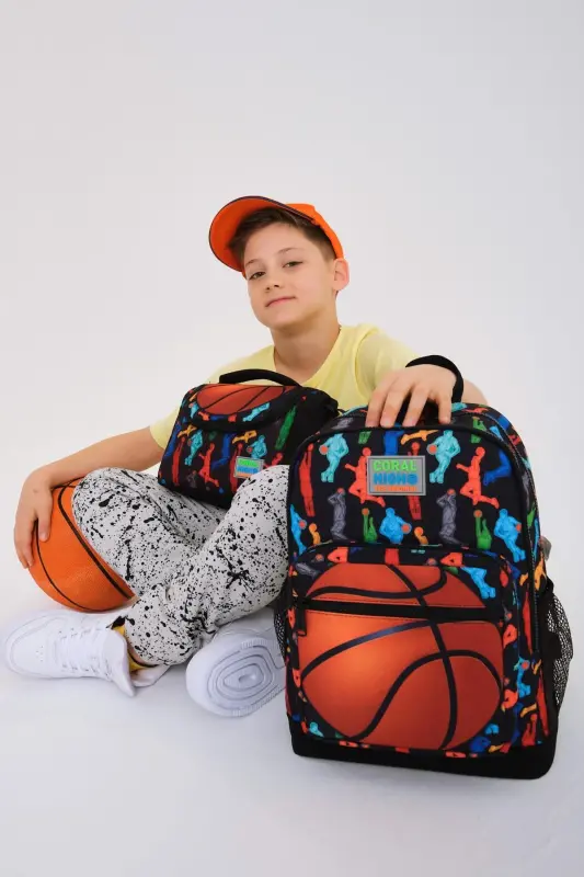 Kids Qora Basketbol Naqshli 3’lü Maktab Sumkasi To‘plami SET0123471-Qora to‘q sariq - CORAL HIGH