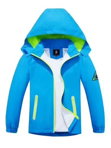 Kids Rain Jacket Waterproof Raincoat Mesh Lined Coat with Removable Hood for Boys Girls (Sky Blue,11-12 years) - 1