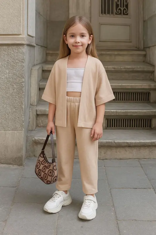 Kids Relaxed Fit Kimono Set-KidsBeige - 1