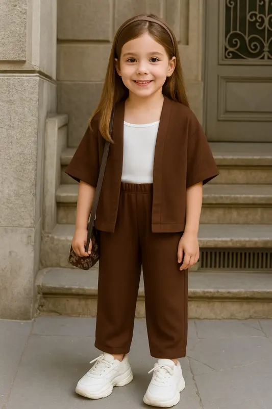 Kids Relaxed Fit Kimono Set-KidsBrown - 1