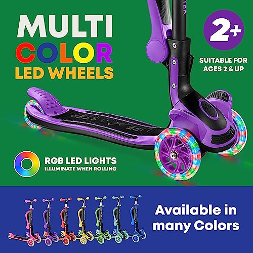 Kids Scooter – Foldable Seat – LED Wheel Lights Illuminate When Rolling – Children and Toddler 3 Wheel Kick Scooter – Adjustable Handlebar – Indoor and Outdoor- Pink - by Lifemaster - 6