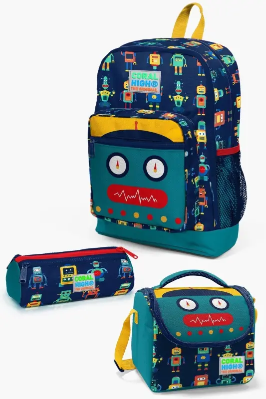 Kids Синий Индиго Робот Узор 3шт Школьный Рюкзак Набор SET0123472-Синий Индиго - CORAL HIGH