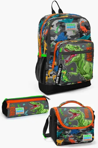Kids Siyah Kulrang Dinozavr Naqshli 3’li Maktab Sumkasi SET0123744-Kulrang Yashil 
