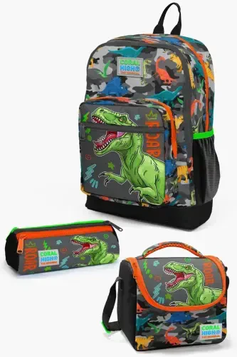 Kids Siyah Kulrang Dinozavr Naqshli 3’li Maktab Sumkasi SET0123744-Kulrang Yashil - 1