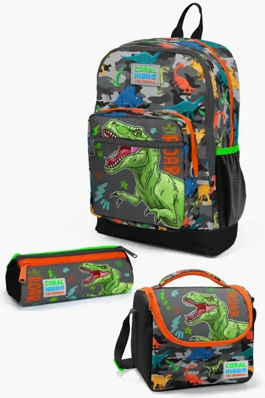 Kids Siyah Kulrang Dinozavr Naqshli 3’li Maktab Sumkasi SET0123744-Kulrang Yashil - 1