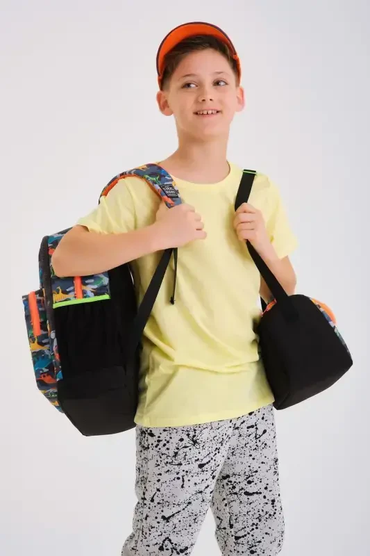 Kids Siyah Kulrang Dinozavr Naqshli 3’li Maktab Sumkasi SET0123744-Kulrang Yashil - 2