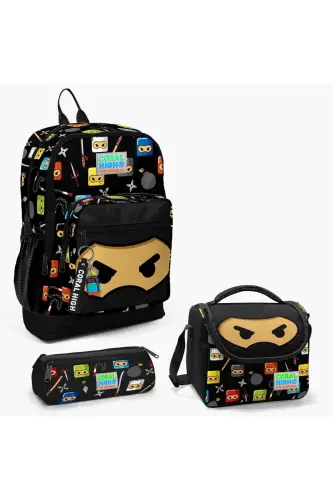 Kids Siyah Ninja Desenli 3’lü Okul Çanta Seti SET0123473-Siyah Sarı 