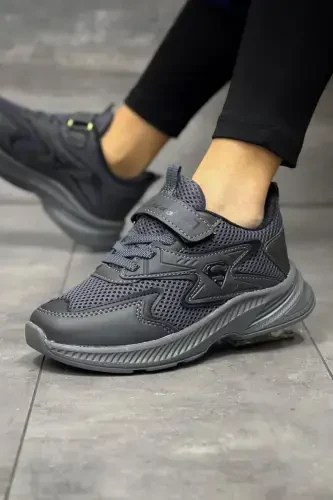 Kids' Smoked Black Single Velcro Flexible Lightweight Breathable Unisex Mesh Sneaker Sports Shoe-Smoked - 3