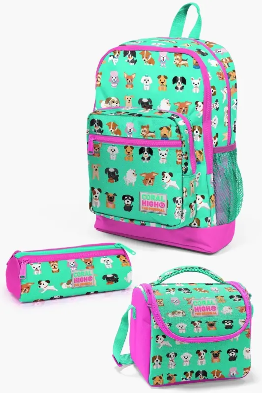Kids Su Yeşili Neon Pembe Köpek Desenli 3’lü Okul Çanta Seti SET0123465-Açık yeşil Pembe - CORAL HIGH