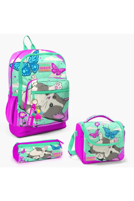 Kids Su Yeşili Pembe Kedi Desenli 3’lü Okul Çanta Seti SET0123707-Su Yeşili Pembe - 1