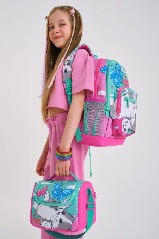Kids Su Yeşili Pembe Kedi Desenli 3’lü Okul Çanta Seti SET0123707-Su Yeşili Pembe - 4