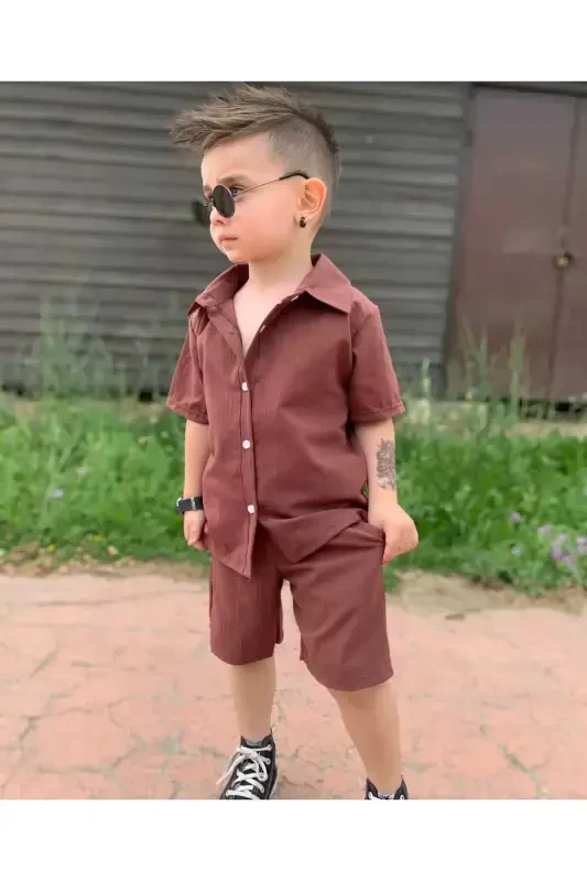 Kids Summer Shirt Set-Brown - 2