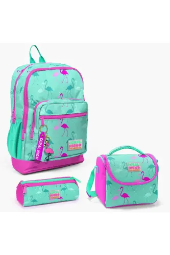 Kids Suv Yashili Neon Pushti Flamingo Naqshli 3'li Maktab Sumkasi To'plami SET0123111-Suv Yashili Neon Pushti 