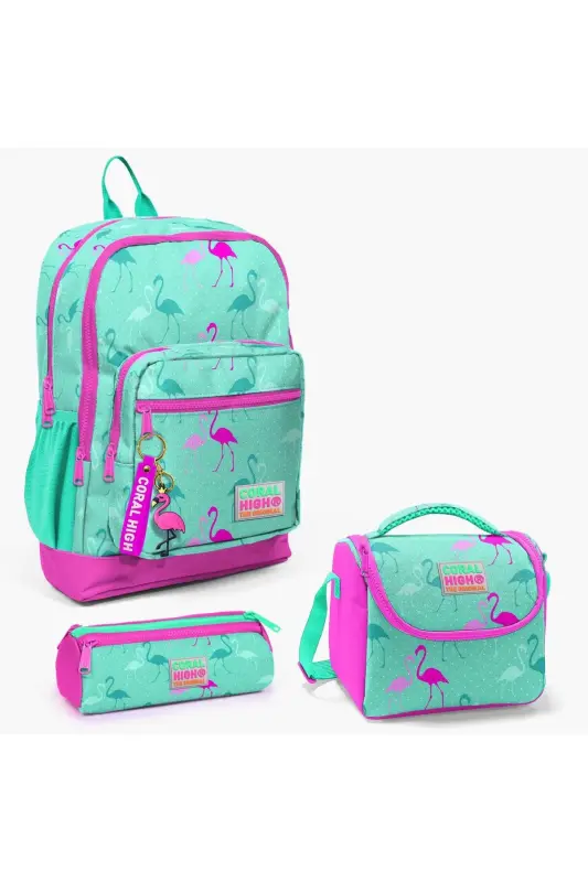 Kids Suv Yashili Neon Pushti Flamingo Naqshli 3'li Maktab Sumkasi To'plami SET0123111-Suv Yashili Neon Pushti - 1