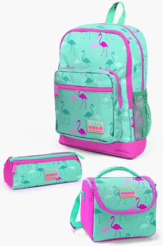 Kids Suv Yashili Neon Pushti Flamingo Naqshli 3'li Maktab Sumkasi To'plami SET0123111-Suv Yashili Neon Pushti 