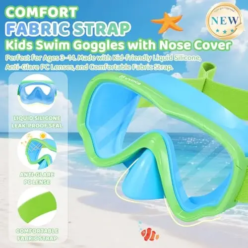 Kids Swim Goggles with Nose Cover, Fabric Strap Swim Mask Anti Fog 3-15 | Swimming Goggles Kids Toddler Youth No Leak UV Protection Anti Shattered Clear View Liquid Silicone Pool Beach Diving Mask - Vvinca (1)