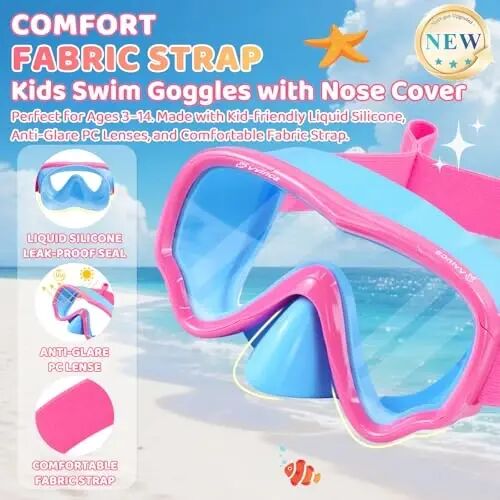 Kids Swim Goggles with Nose Cover, Fabric Strap Swim Mask No Leak 3-14 | Swimming Goggles Toddler Boys Girls Youth Anti Fog UV Protection Clear View Liquid Silicone Diving Mask Underwater Pool Beach - Kids (1)