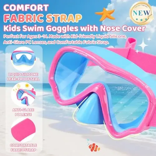 Kids Swim Goggles with Nose Cover, Fabric Strap Swim Mask No Leak 3-14 | Swimming Goggles Toddler Boys Girls Youth Anti Fog UV Protection Clear View Liquid Silicone Diving Mask Underwater Pool Beach - Kids (1)