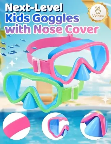 Kids Swim Goggles with Nose Cover, Fabric Strap Swim Mask No Leak 3-14 | Swimming Goggles Toddler Boys Girls Youth Anti Fog UV Protection Clear View Liquid Silicone Diving Mask Underwater Pool Beach - Kids (1)