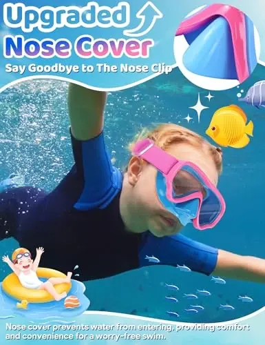 Kids Swim Goggles with Nose Cover, Fabric Strap Swim Mask No Leak 3-14 | Swimming Goggles Toddler Boys Girls Youth Anti Fog UV Protection Clear View Liquid Silicone Diving Mask Underwater Pool Beach - 4