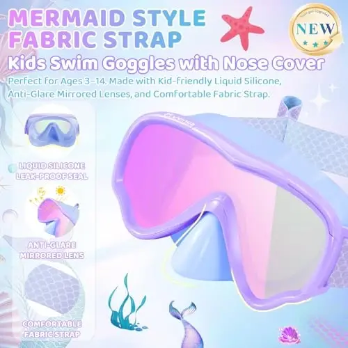 Kids Swim Goggles with Nose Cover, Fabric Strap Swim Mask No Leak 3-14 | Swimming Goggles Toddler Boys Girls Youth Anti Fog UV Protection Clear View Liquid Silicone Diving Mask Underwater Pool Beach - 3