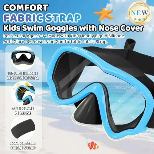Kids Swim Goggles with Nose Cover, Fabric Strap Swim Mask No Leak 3-14 | Swimming Goggles Toddler Boys Girls Youth Anti Fog UV Protection Clear View Liquid Silicone Diving Mask Underwater Pool Beach - Kids (1)
