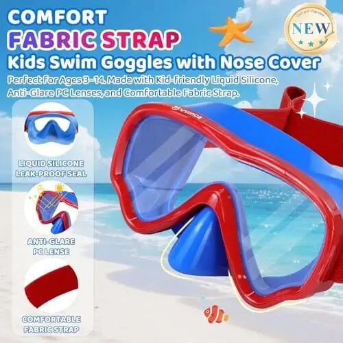 Kids Swim Goggles with Nose Cover, Fabric Strap Swim Mask No Leak 3-14 | Swimming Goggles Toddler Boys Girls Youth Anti Fog UV Protection Clear View Liquid Silicone Diving Mask Underwater Pool Beach - Kids (1)