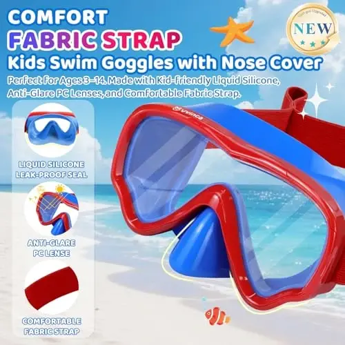 Kids Swim Goggles with Nose Cover, Fabric Strap Swim Mask No Leak 3-14 | Swimming Goggles Toddler Boys Girls Youth Anti Fog UV Protection Clear View Liquid Silicone Diving Mask Underwater Pool Beach - Kids (1)